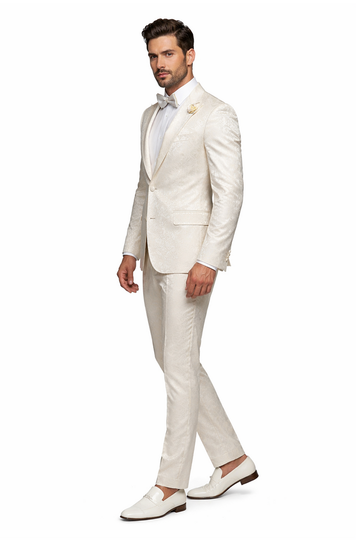 Mens Champaign Ivory  Jacquard Paisley Tuxedo Suit with Satin Shawl Lapel  Elegant Wedding and Prom Outfit By Rossiman