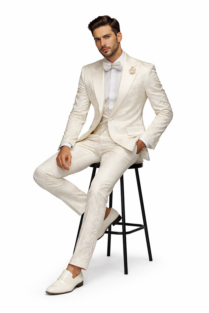 Mens Champaign Ivory  Jacquard Paisley Tuxedo Suit with Satin Shawl Lapel  Elegant Wedding and Prom Outfit By Rossiman