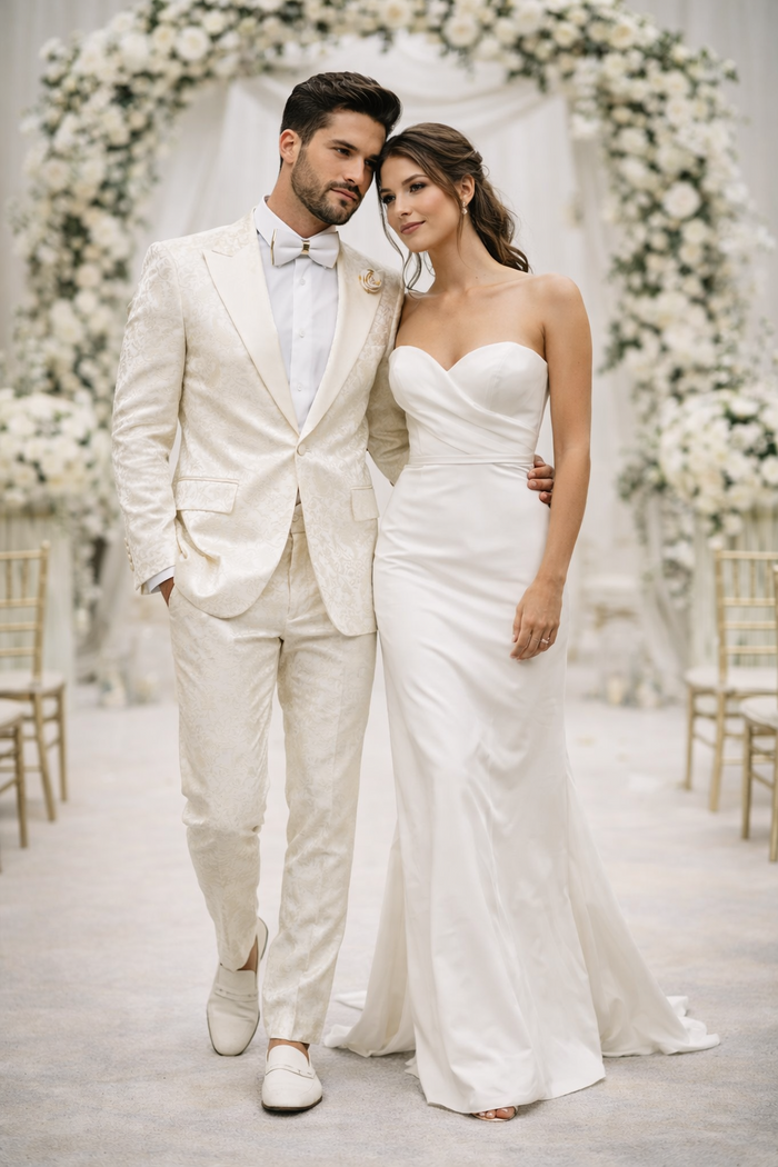 Mens Champaign Ivory  Jacquard Paisley Tuxedo Suit with Satin Shawl Lapel  Elegant Wedding and Prom Outfit By Rossiman