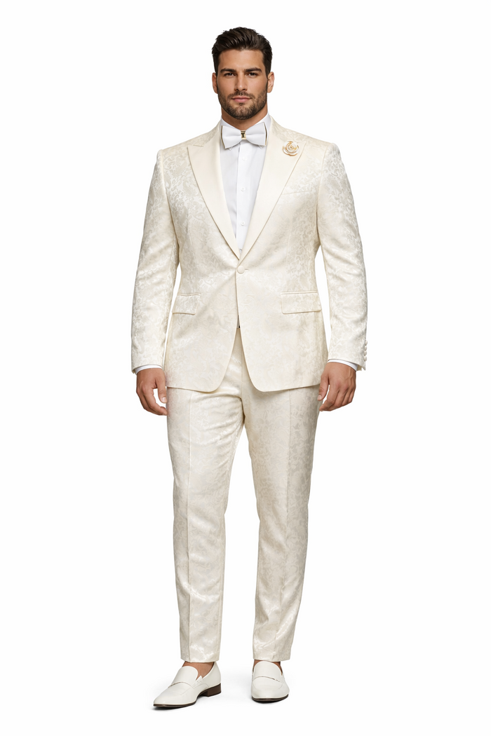 Mens Champaign Ivory  Jacquard Paisley Tuxedo Suit with Satin Shawl Lapel  Elegant Wedding and Prom Outfit By Rossiman
