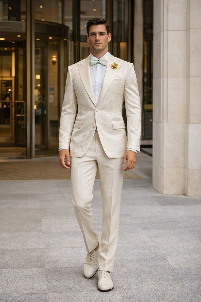 Mens Champaign Ivory  Jacquard Paisley Tuxedo Suit with Satin Shawl Lapel  Elegant Wedding and Prom Outfit By Rossiman