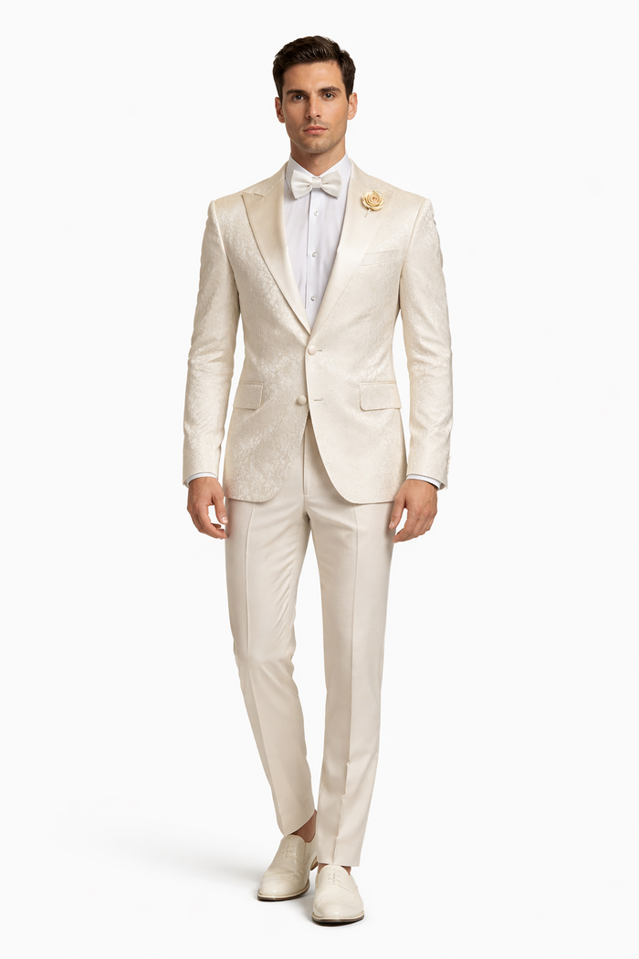 Mens Champaign Ivory  Jacquard Paisley Tuxedo Suit with Satin Shawl Lapel  Elegant Wedding and Prom Outfit By Rossiman