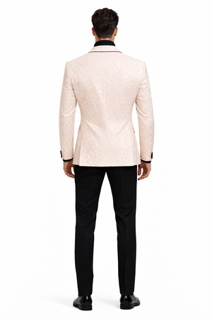 Mens Cream Jacquard Double-Breasted Tuxedo with Black Trim  Formal Blazer for Weddings & Events Ivory Color