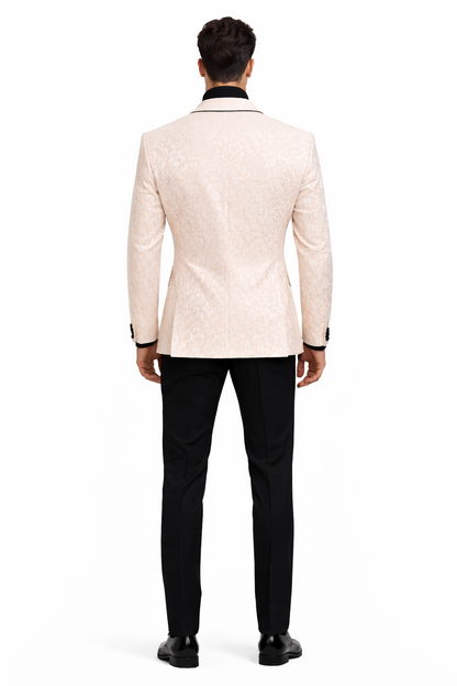 Mens Cream Jacquard Double-Breasted Tuxedo with Black Trim  Formal Blazer for Weddings & Events Ivory Color
