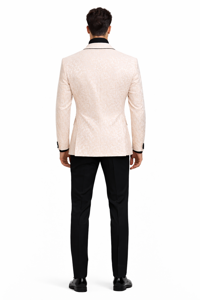 Mens Cream Jacquard Double-Breasted Tuxedo with Black Trim  Formal Blazer for Weddings & Events Ivory Color