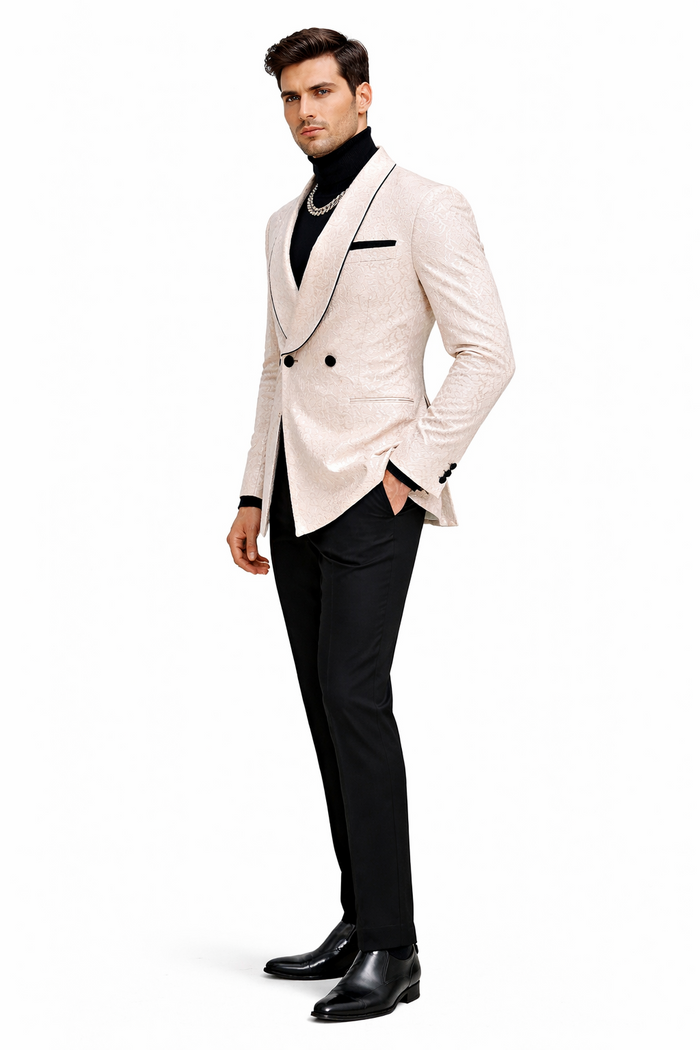 Mens Cream Jacquard Double-Breasted Tuxedo with Black Trim  Formal Blazer for Weddings & Events Ivory Color