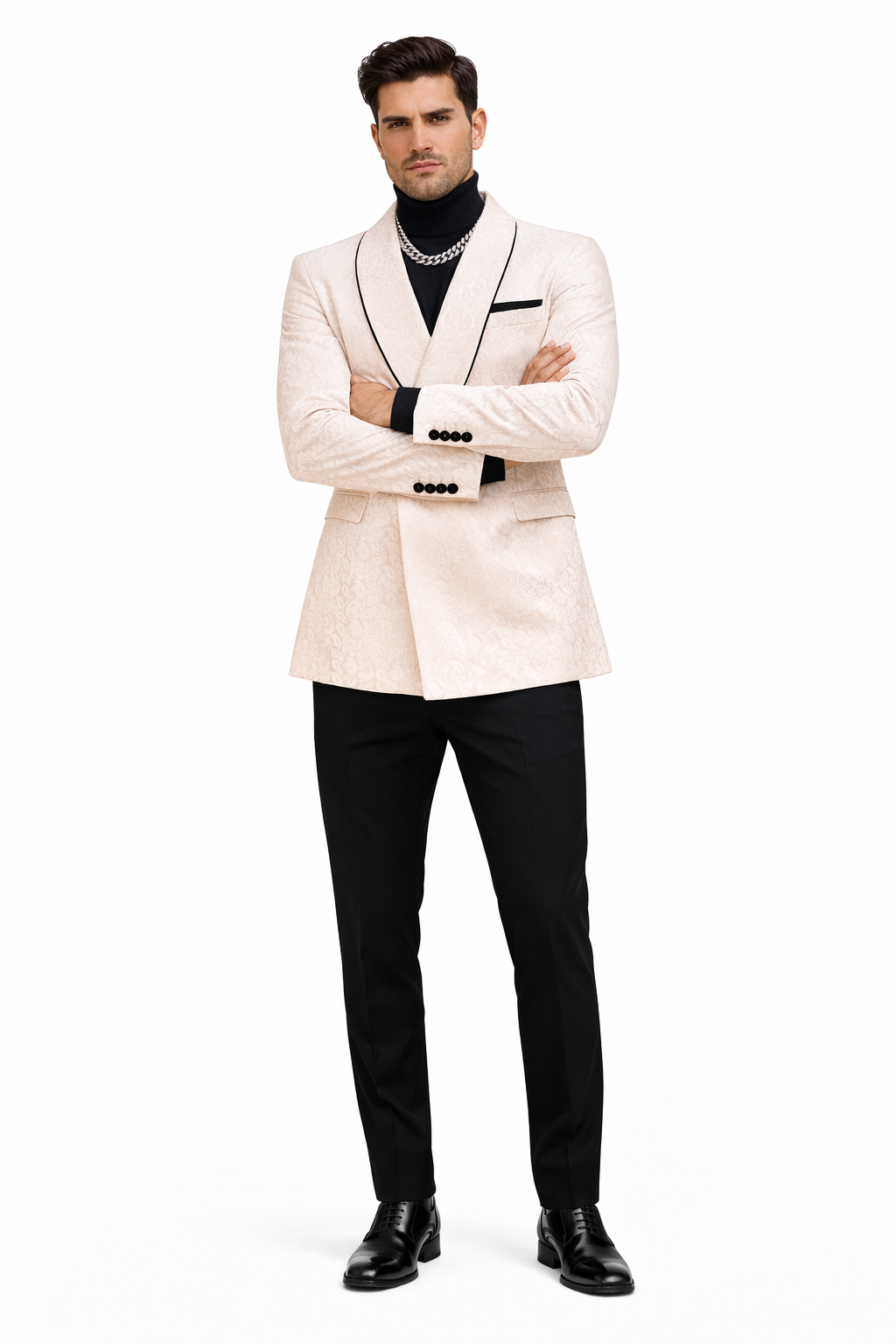 Mens Cream Jacquard Double-Breasted Tuxedo with Black Trim  Formal Blazer for Weddings & Events Ivory Color