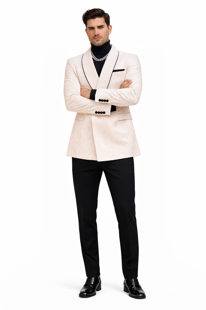 Mens Cream Jacquard Double-Breasted Tuxedo with Black Trim  Formal Blazer for Weddings & Events Ivory Color