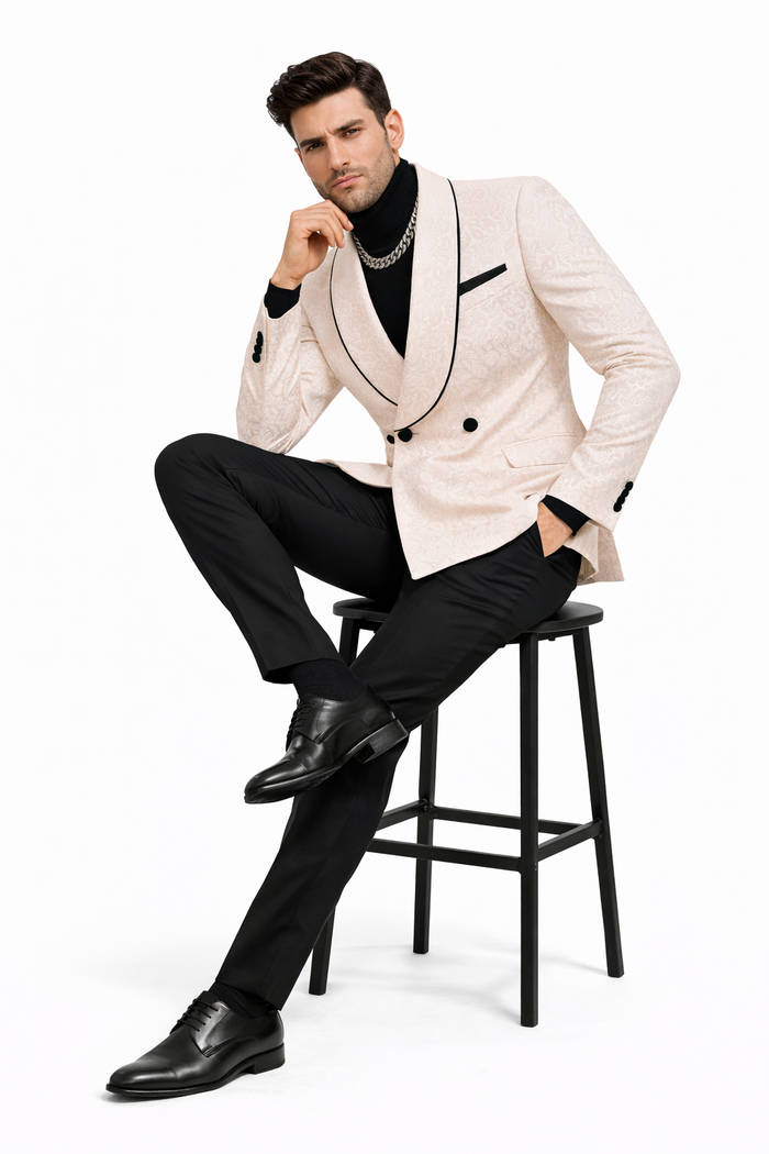 Mens Cream Jacquard Double-Breasted Tuxedo with Black Trim  Formal Blazer for Weddings & Events Ivory Color