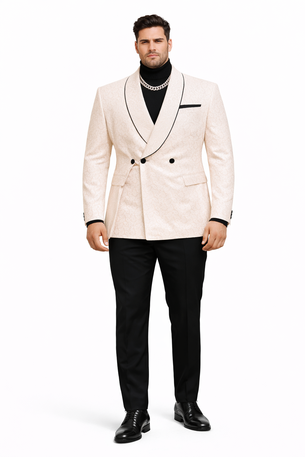 Mens Cream Jacquard Double-Breasted Tuxedo with Black Trim  Formal Blazer for Weddings & Events Ivory Color