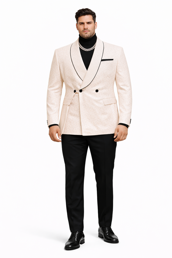 Mens Cream Jacquard Double-Breasted Tuxedo with Black Trim  Formal Blazer for Weddings & Events Ivory Color