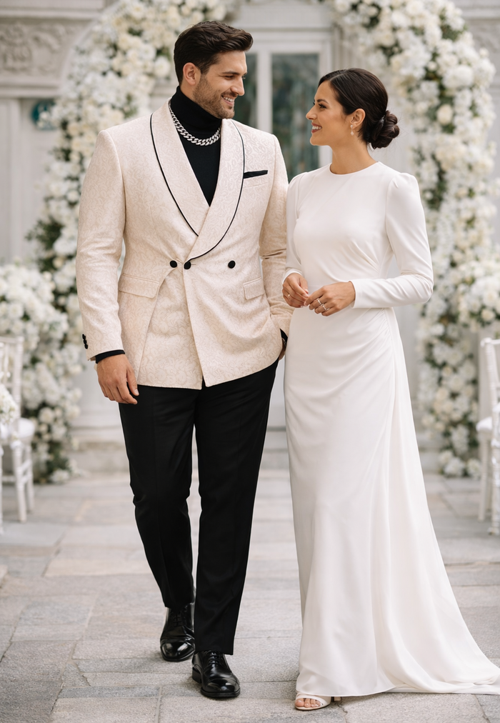 Mens Cream Jacquard Double-Breasted Tuxedo with Black Trim  Formal Blazer for Weddings & Events Ivory Color