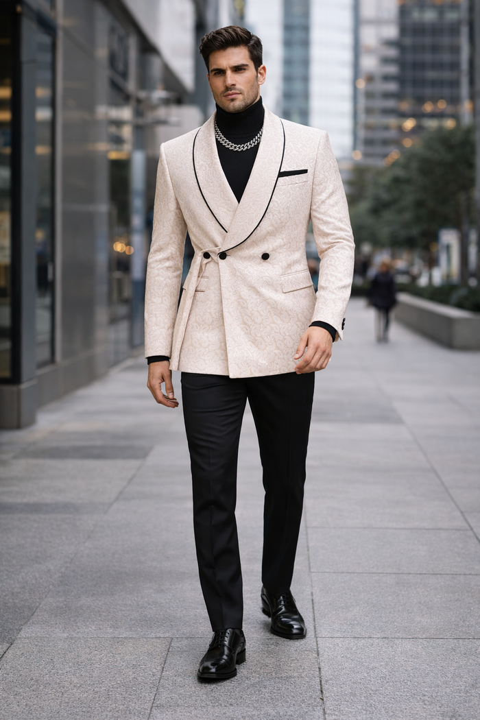 Mens Cream Jacquard Double-Breasted Tuxedo with Black Trim  Formal Blazer for Weddings & Events Ivory Color