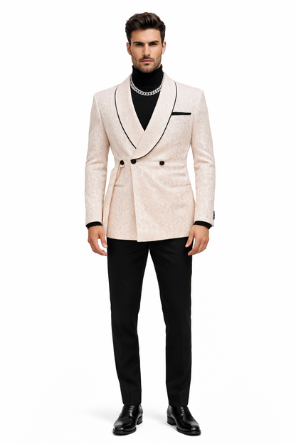 Men's Cream Jacquard Double Breasted Tuxedo With Black Trim - Formal Blazer for Weddings & Events Ivory for Men Men's Cream Jacquard Double Breasted Tuxedo With Black Trim - Formal Blazer for Weddings & Events Ivory for Men