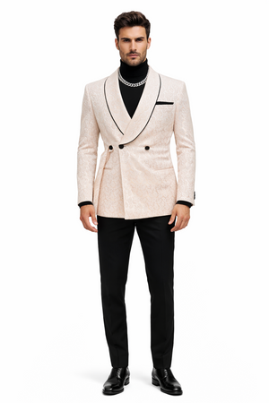 Mens Cream Jacquard Double-Breasted Tuxedo with Black Trim  Formal Blazer for Weddings & Events Ivory Color