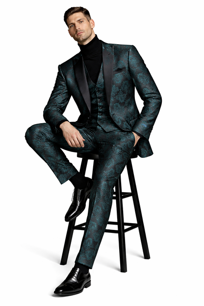 Mens Emerald Green Floral Jacquard 3-Piece Tuxedo Suit  Slim Fit Formal Set with Blazer, Vest, and Pants Paisley Fabric - Ultra slim fitted