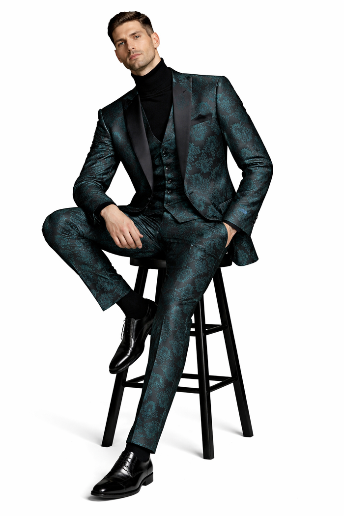 Mens Emerald Green Floral Jacquard 3-Piece Tuxedo Suit  Slim Fit Formal Set with Blazer, Vest, and Pants Paisley Fabric - Ultra slim fitted