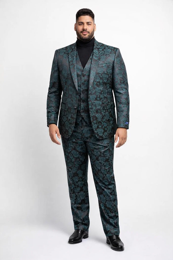 Mens Emerald Green Floral Jacquard 3-Piece Tuxedo Suit  Slim Fit Formal Set with Blazer, Vest, and Pants Paisley Fabric - Ultra slim fitted