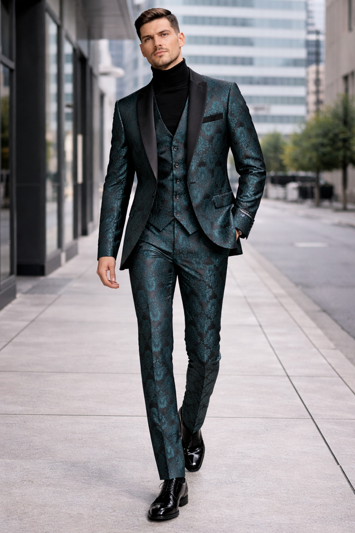 Mens Emerald Green Floral Jacquard 3-Piece Tuxedo Suit  Slim Fit Formal Set with Blazer, Vest, and Pants Paisley Fabric - Ultra slim fitted