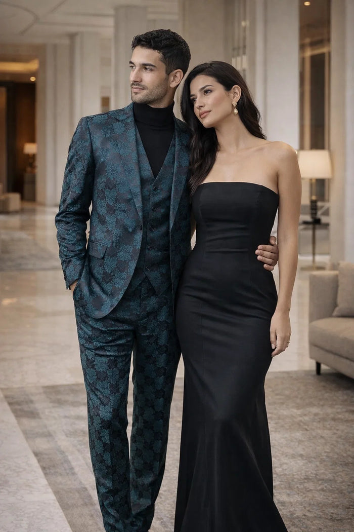 Mens Emerald Green Floral Jacquard 3-Piece Tuxedo Suit  Slim Fit Formal Set with Blazer, Vest, and Pants Paisley Fabric - Ultra slim fitted