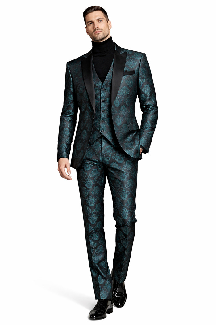 Mens Emerald Green Floral Jacquard 3-Piece Tuxedo Suit  Slim Fit Formal Set with Blazer, Vest, and Pants Paisley Fabric - Ultra slim fitted
