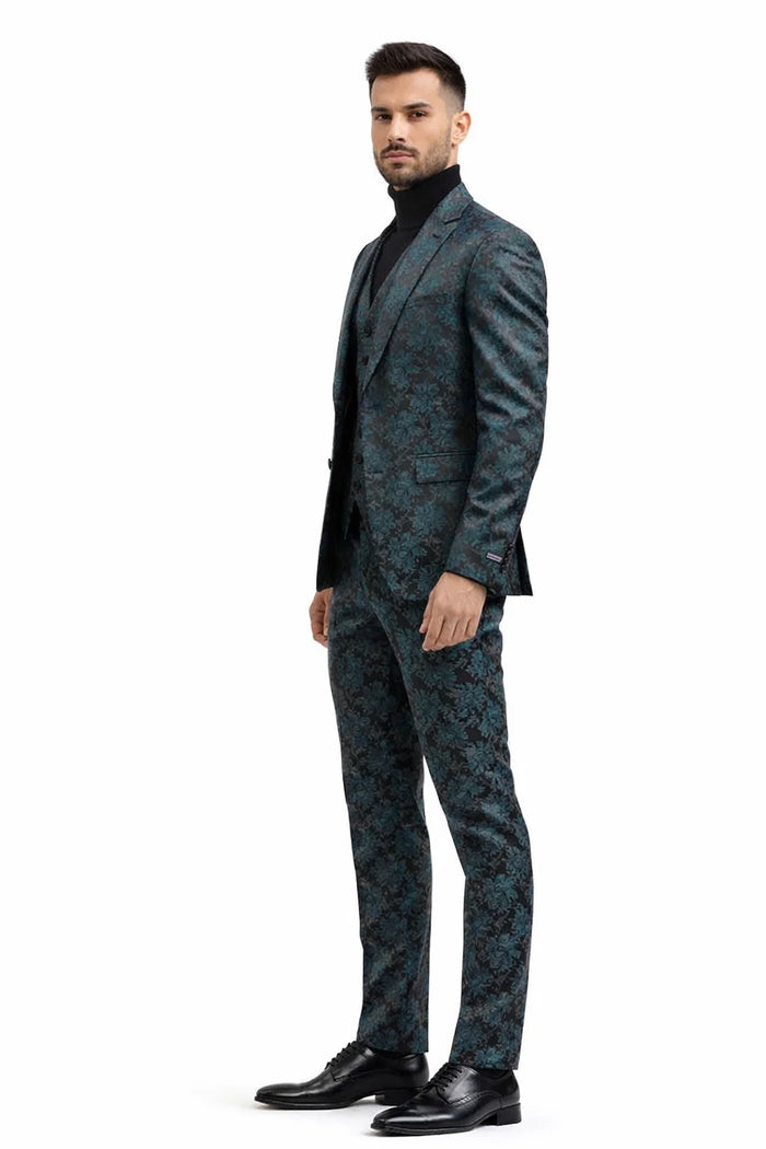 Mens Emerald Green Floral Jacquard 3-Piece Tuxedo Suit  Slim Fit Formal Set with Blazer, Vest, and Pants Paisley Fabric - Ultra slim fitted