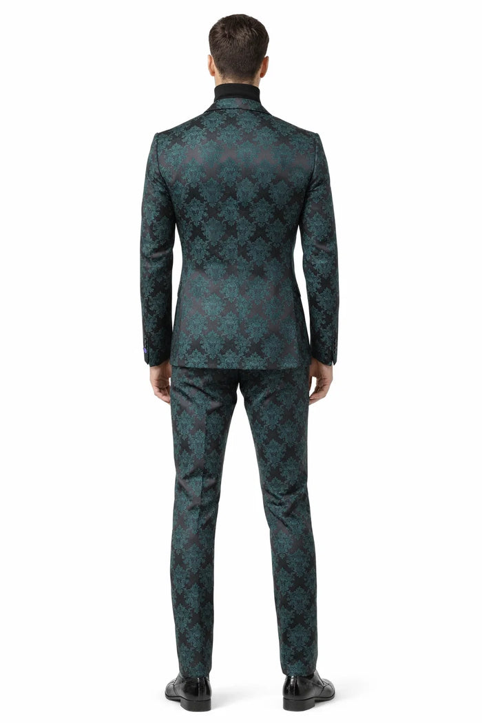 Mens Emerald Green Floral Jacquard 3-Piece Tuxedo Suit  Slim Fit Formal Set with Blazer, Vest, and Pants Paisley Fabric - Ultra slim fitted