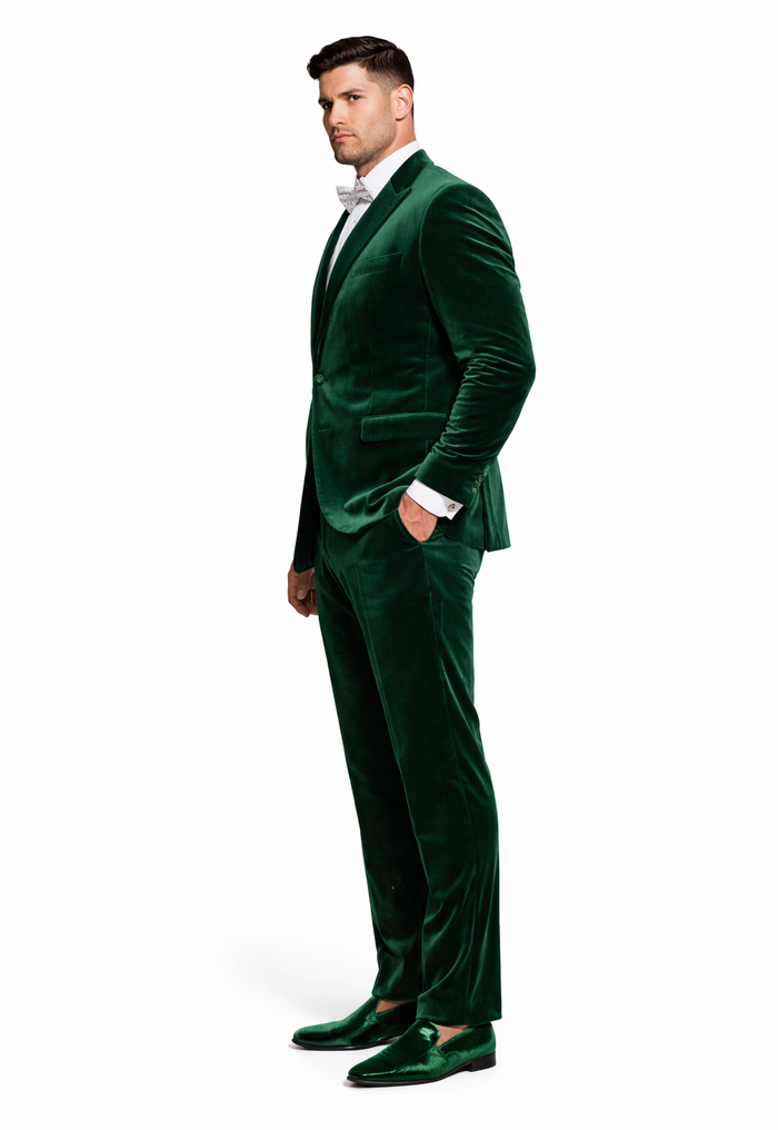 Mens Emerald Green Velvet Suit  Slim Fit Tuxedo for Weddings, Prom, and Red Carpet Events