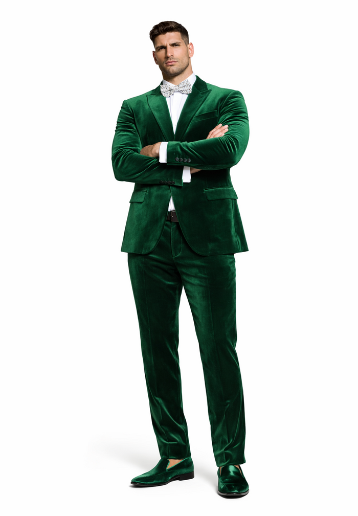 Mens Emerald Green Velvet Suit  Slim Fit Tuxedo for Weddings, Prom, and Red Carpet Events