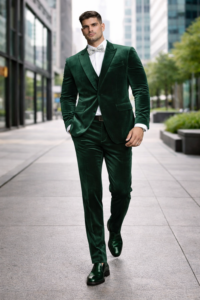 Mens Emerald Green Velvet Suit  Slim Fit Tuxedo for Weddings, Prom, and Red Carpet Events