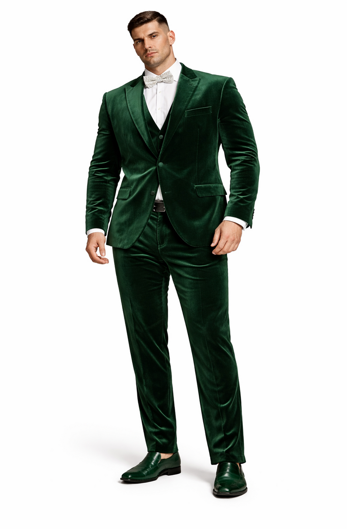 Mens Emerald Green Velvet Suit  Slim Fit Tuxedo for Weddings, Prom, and Red Carpet Events