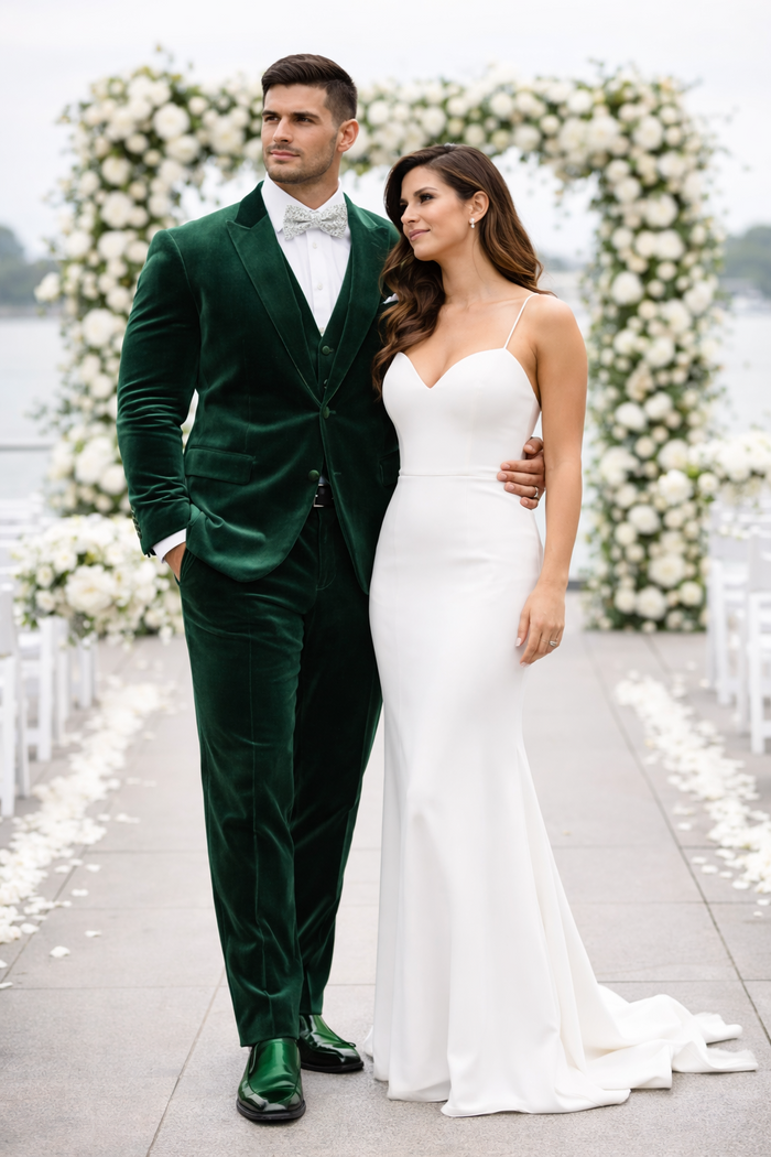 Mens Emerald Green Velvet Suit  Slim Fit Tuxedo for Weddings, Prom, and Red Carpet Events