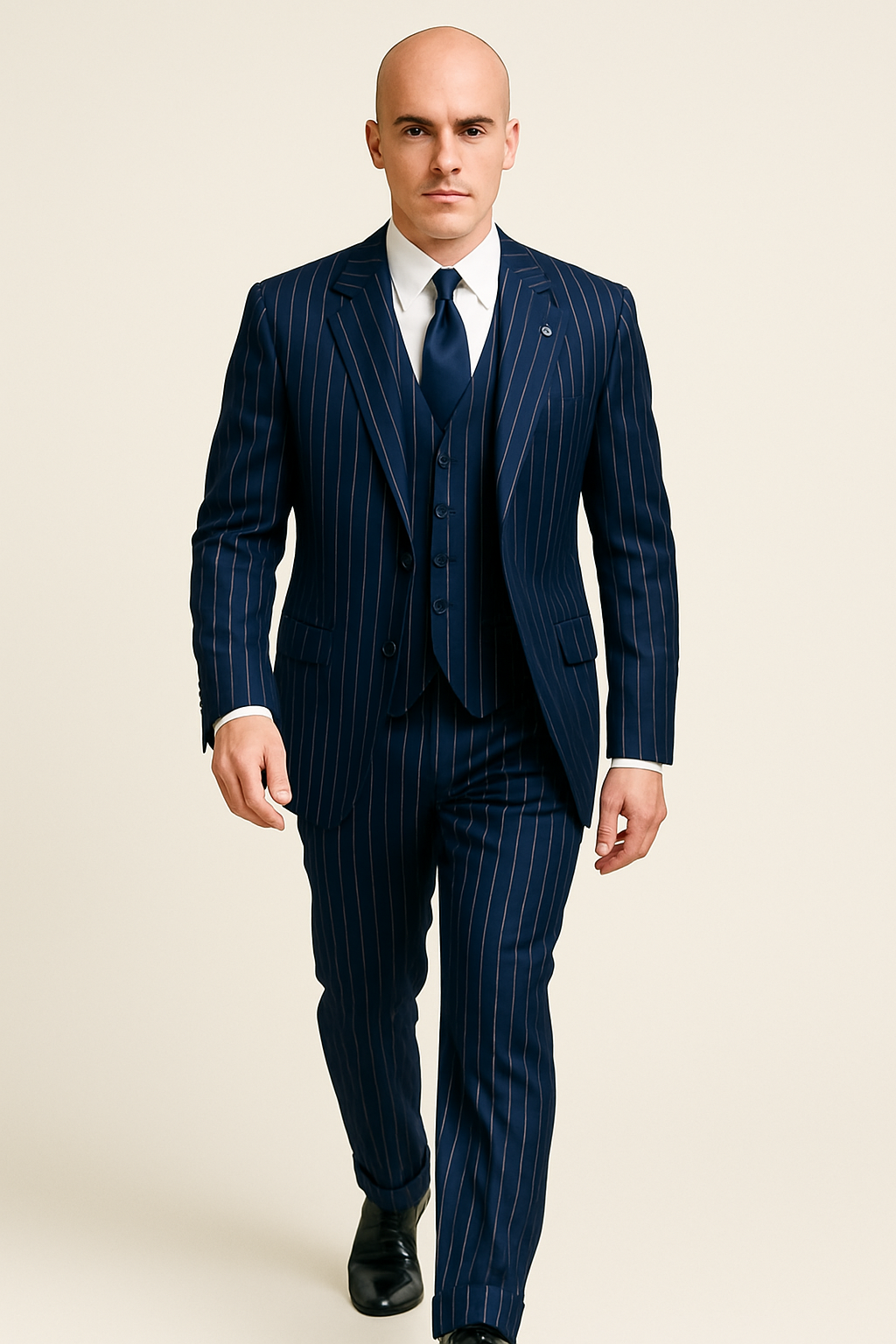 Men’s Gangster-Style Navy Pinstripe Suit – Mars Vested Suit with Peak Lapel