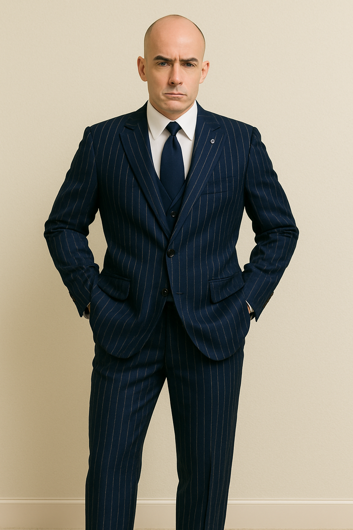 Mens Gangster-Style Navy Pinstripe Suit  Mars Vested Suit with Peak Lapel