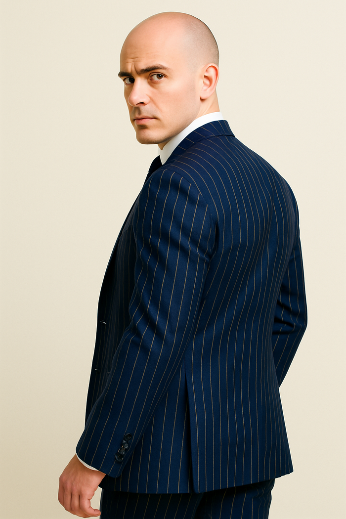Mens Gangster-Style Navy Pinstripe Suit  Mars Vested Suit with Peak Lapel