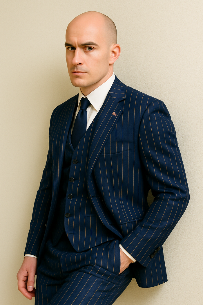 Mens Gangster-Style Navy Pinstripe Suit  Mars Vested Suit with Peak Lapel