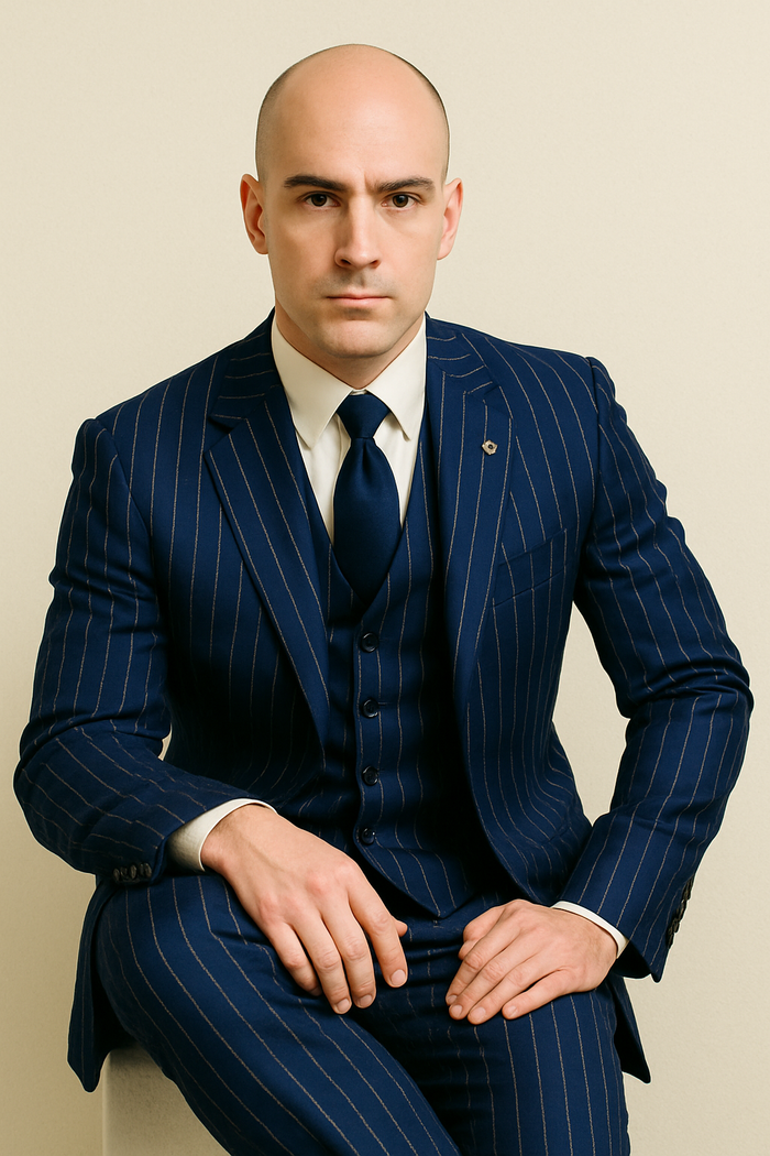 Mens Gangster-Style Navy Pinstripe Suit  Mars Vested Suit with Peak Lapel