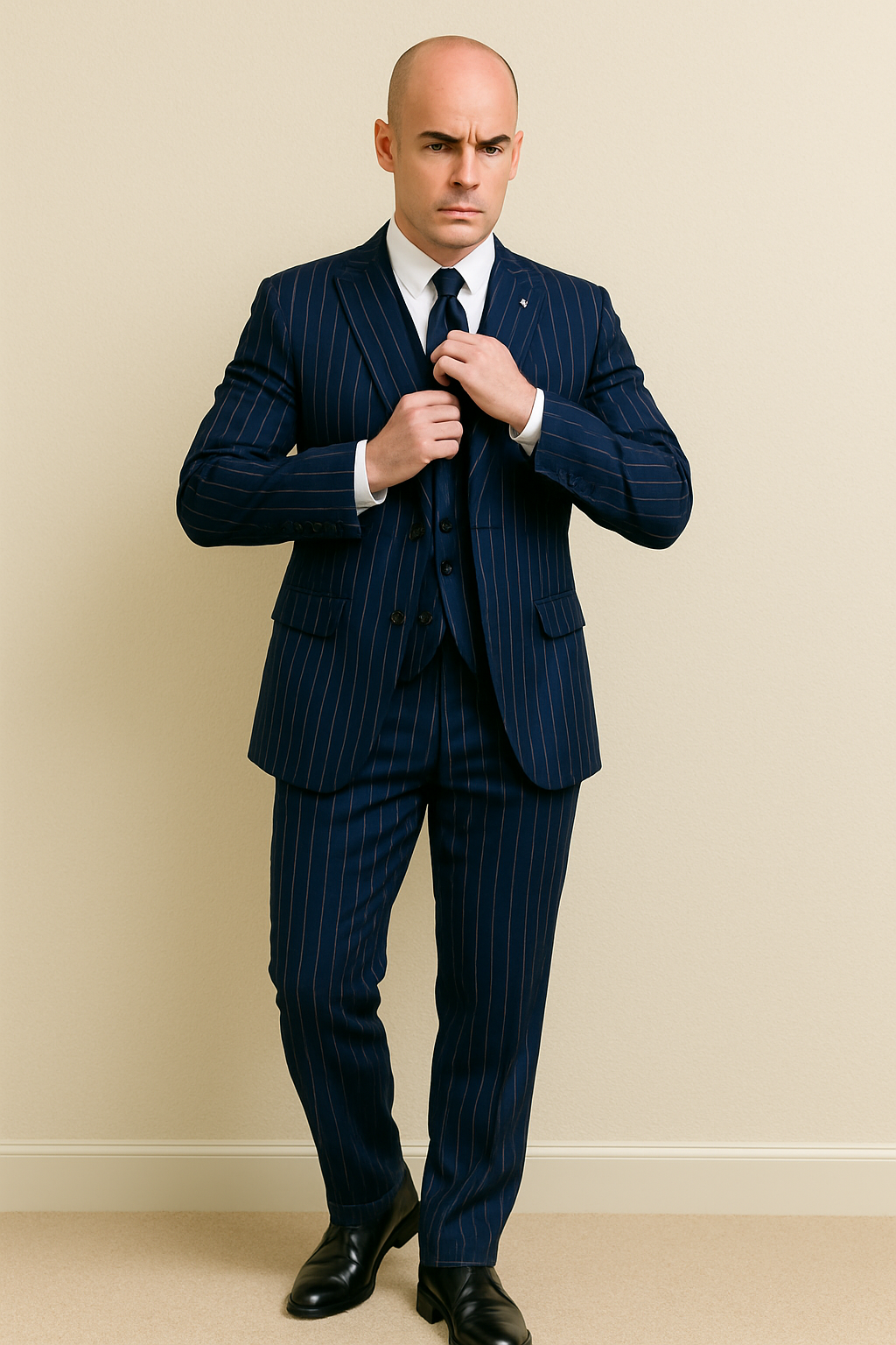 Mens Gangster-Style Navy Pinstripe Suit  Mars Vested Suit with Peak Lapel