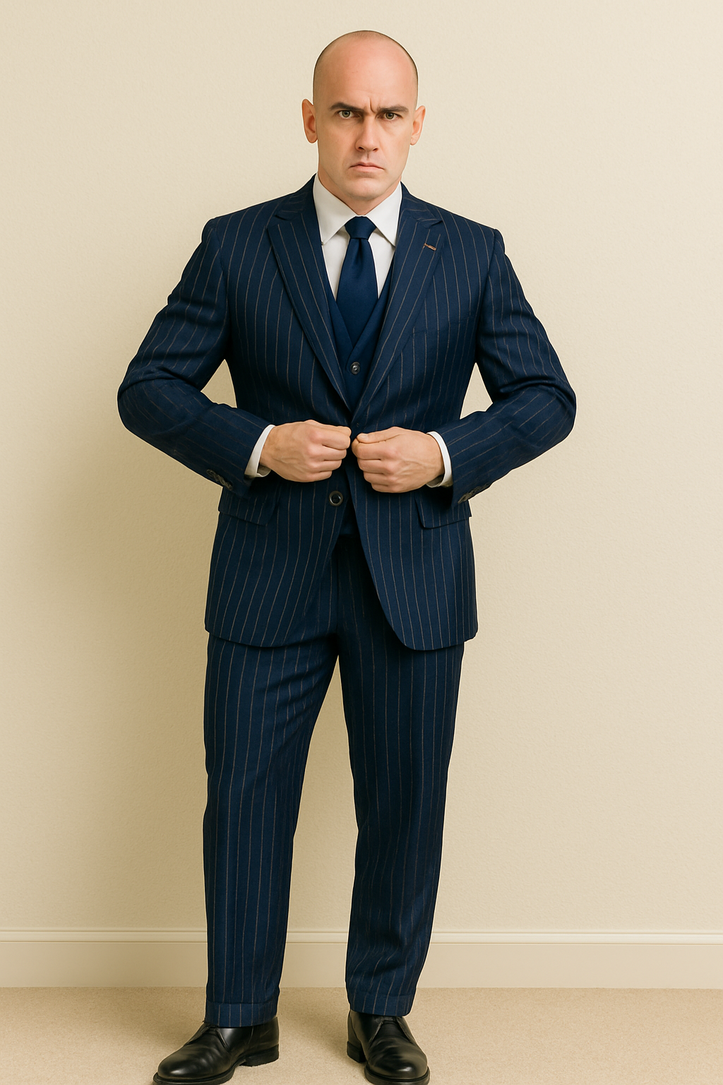 Men’s Gangster-Style Navy Pinstripe Suit – Mars Vested Suit with Peak Lapel