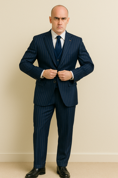 Mens Gangster-Style Navy Pinstripe Suit  Mars Vested Suit with Peak Lapel
