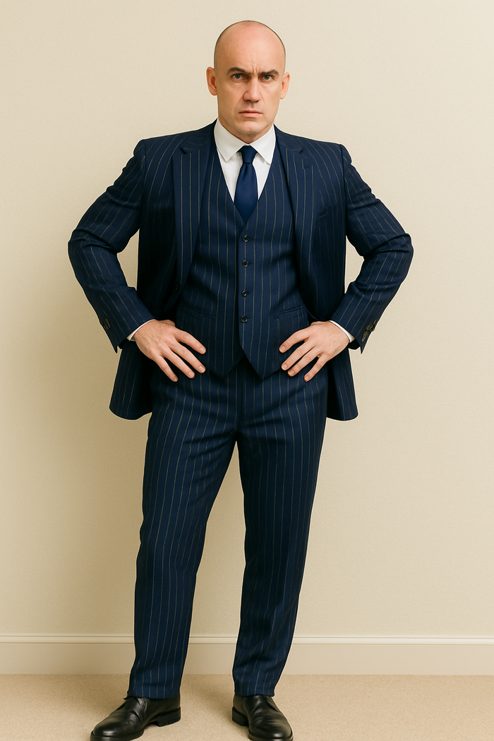 Mens Gangster-Style Navy Pinstripe Suit  Mars Vested Suit with Peak Lapel