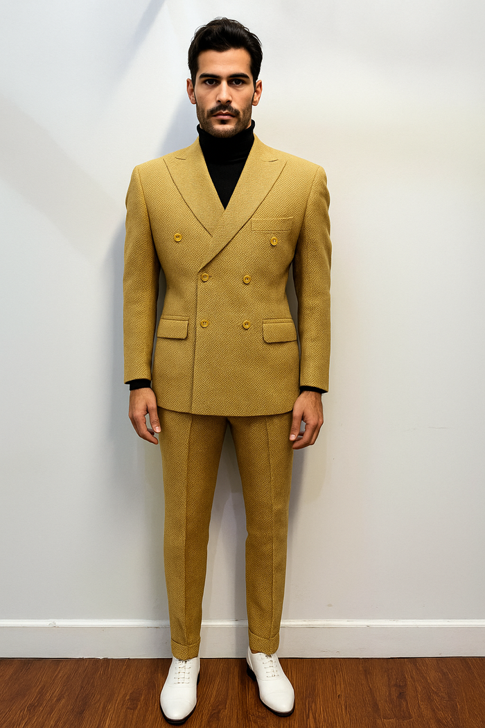 Men's Gold Double Breasted Suit - Classic 1920s Camel Color Formal Slim Fit Suit