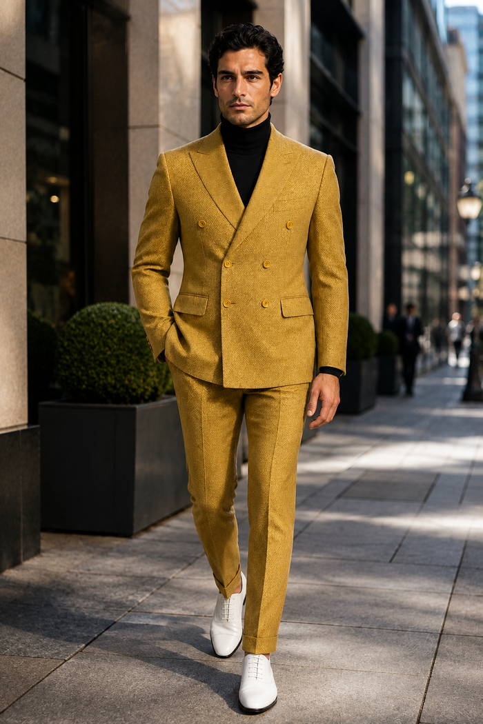 Men's Gold Double Breasted Suit - Classic 1920s Camel Color Formal Slim Fit Suit