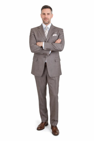 Men’s Great Gatsby Suit – 1920s Classic Fit Tan Banker Pinstripe 3 Button Suit