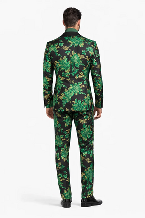 Mens Green and Gold Floral Tuxedo Suit  Luxury 2 Piece Slim Fit Outfit for Weddings, Proms, and Special Events