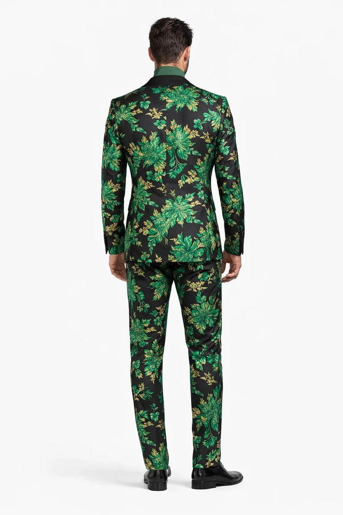 Mens Green and Gold Floral Tuxedo Suit  Luxury 2 Piece Slim Fit Outfit for Weddings, Proms, and Special Events