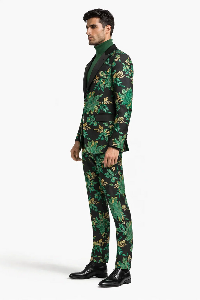 Mens Green and Gold Floral Tuxedo Suit  Luxury 2 Piece Slim Fit Outfit for Weddings, Proms, and Special Events