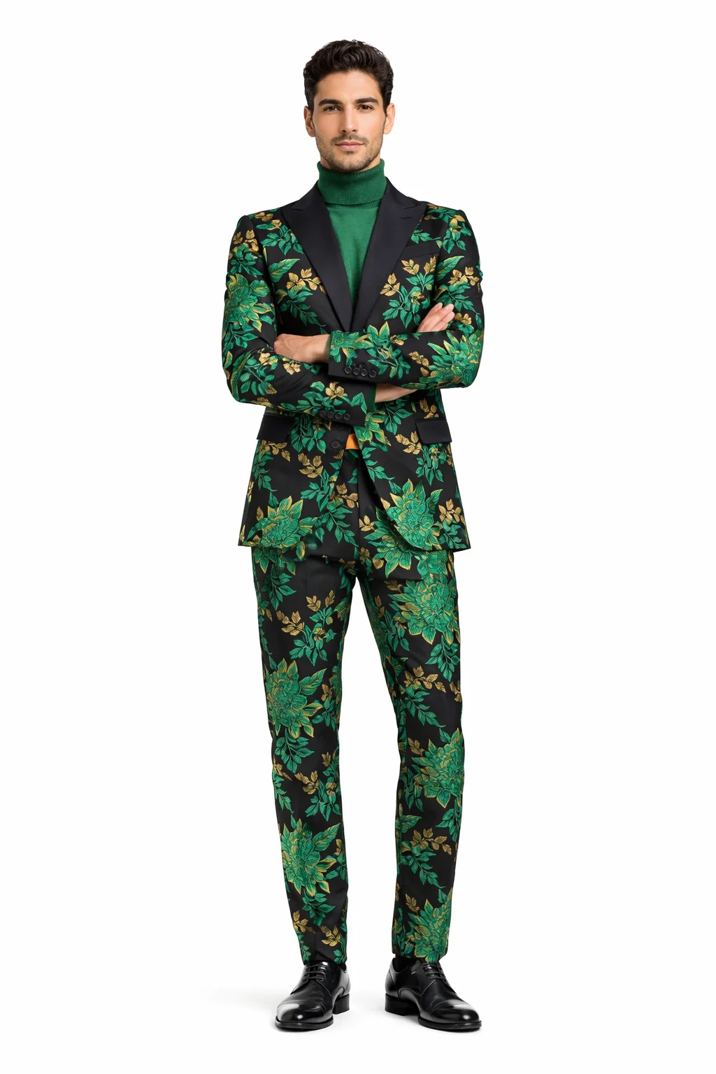 Mens Green and Gold Floral Tuxedo Suit  Luxury 2 Piece Slim Fit Outfit for Weddings, Proms, and Special Events