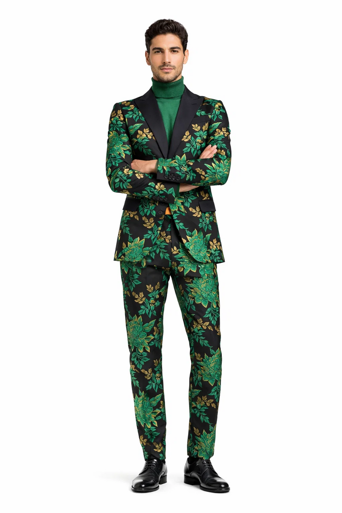 Mens Green and Gold Floral Tuxedo Suit  Luxury 2 Piece Slim Fit Outfit for Weddings, Proms, and Special Events