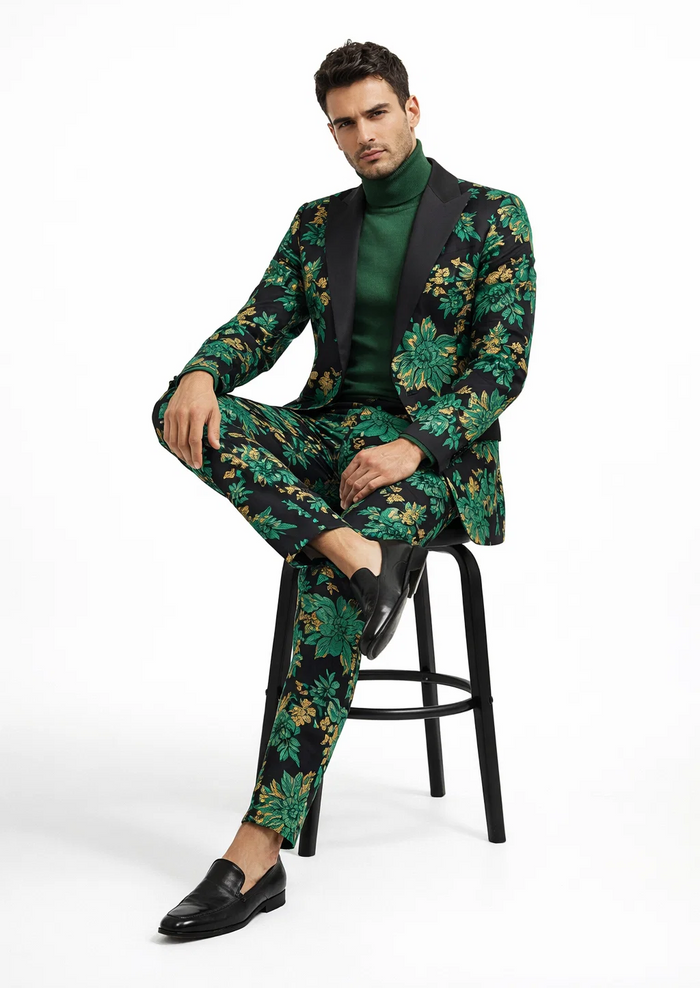 Mens Green and Gold Floral Tuxedo Suit  Luxury 2 Piece Slim Fit Outfit for Weddings, Proms, and Special Events